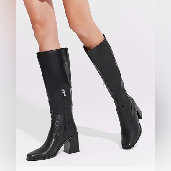 Coutgo Shoes - Coutgo New Black Women’s Knee-High Block Heel Square Toe Boots Size:7